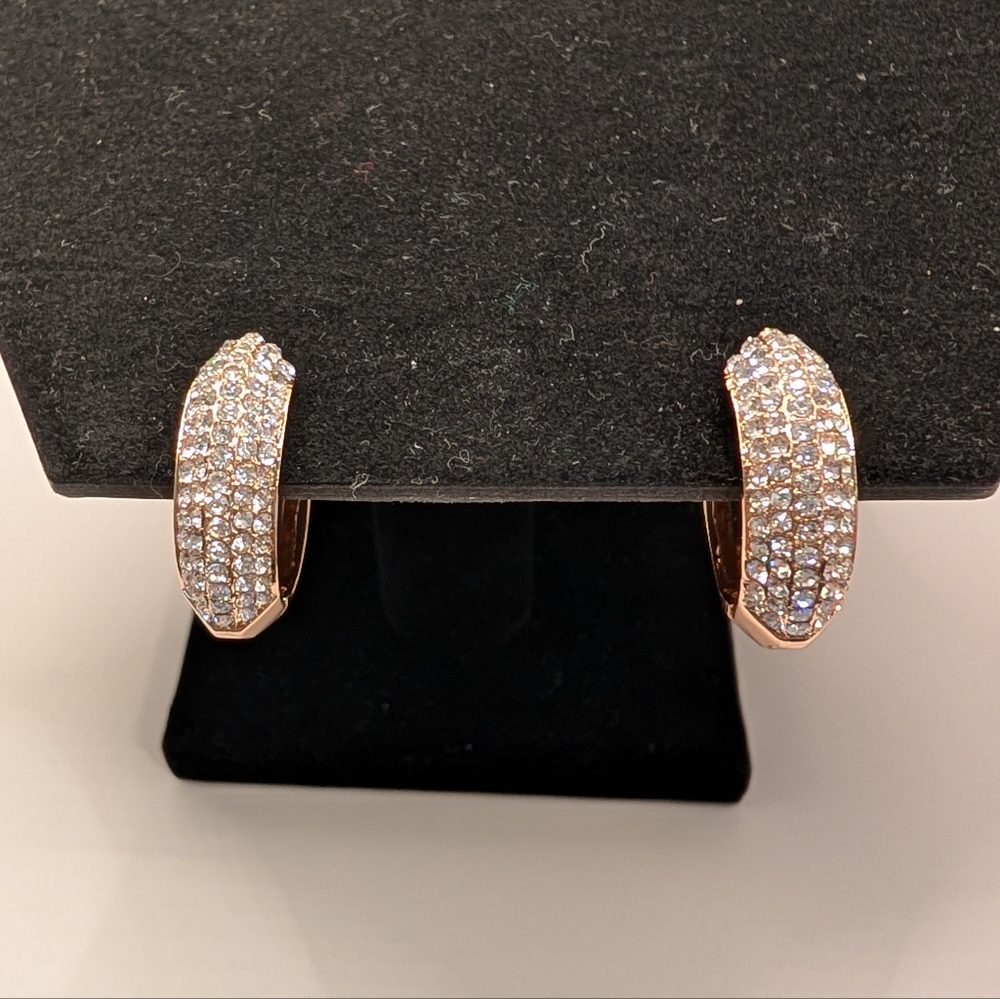 Hoop Earrings Rose Gold and Rhinestones 1 Inch